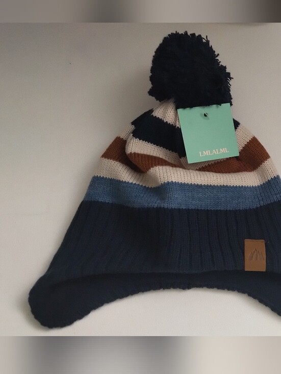 LMLALML Other - LMLALML Kids Pom-Pom Striped Earflap Beanie - Navy, Blue, Brown, Cream New 51cm